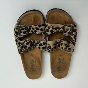 Biostep leather leopard print double strap buckle cork slip on sandals, size 6.5